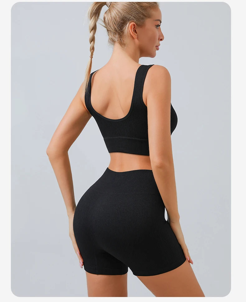 2pc Ribbed Seamless Yoga Set – Women's Crop Top, Leggings & Shorts Workout Outfit for Gym & Fitness