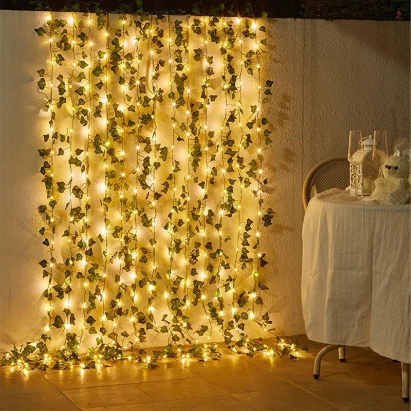 Artificial Flower & Green Leaf String Lights – Battery-Powered Fairy Vine Garland for Christmas, Weddings, and Home Decor
