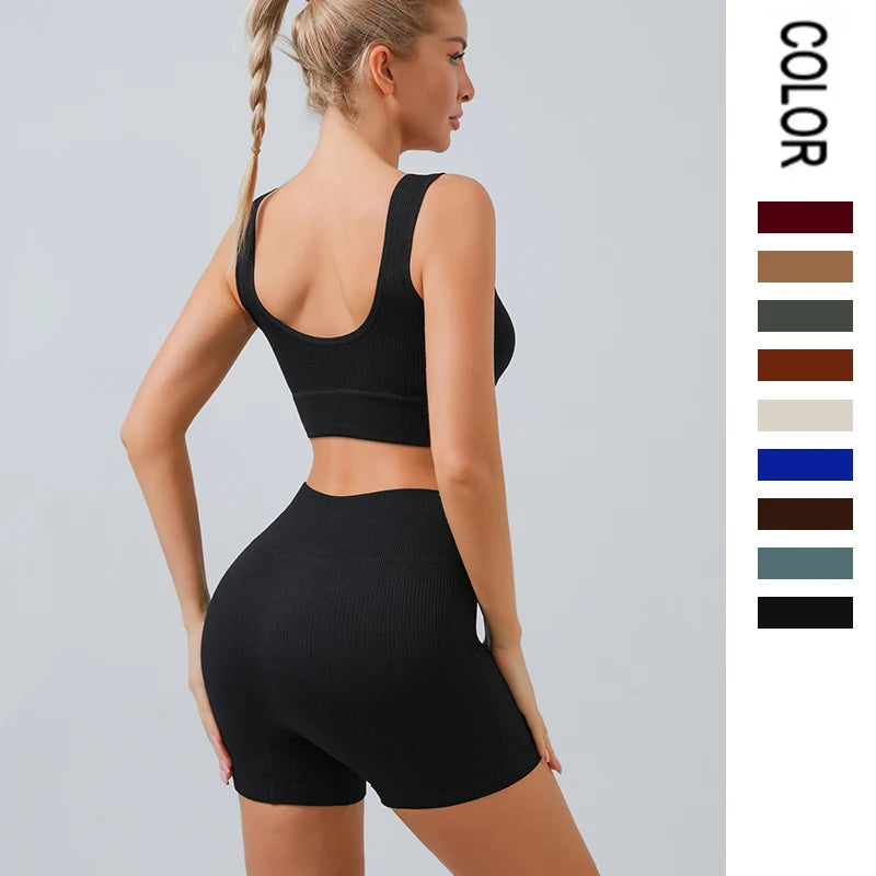 2pc Ribbed Seamless Yoga Set – Women's Crop Top, Leggings & Shorts Workout Outfit for Gym & Fitness