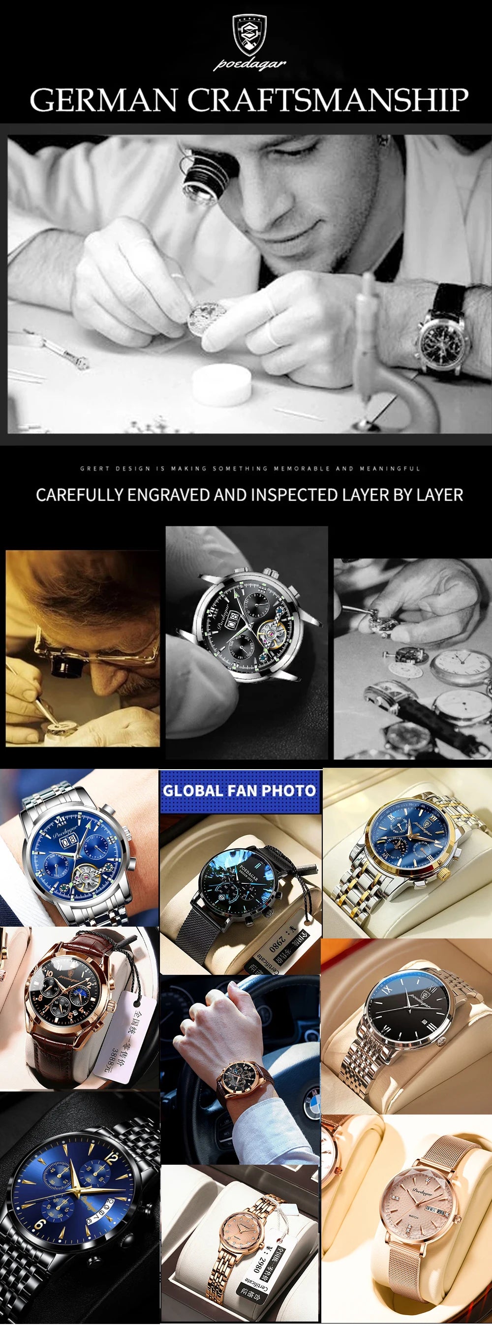 POEDAGAR Luxury Men’s Stainless Steel Watch – Waterproof, Luminous, Date & Week Display