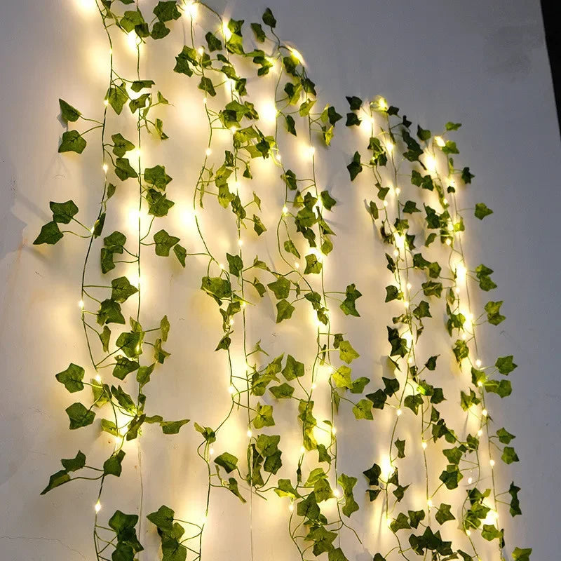Artificial Flower & Green Leaf String Lights – Battery-Powered Fairy Vine Garland for Christmas, Weddings, and Home Decor
