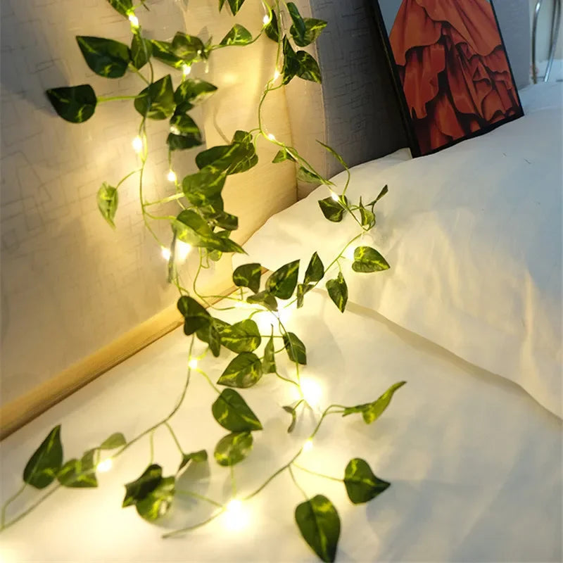 Artificial Flower & Green Leaf String Lights – Battery-Powered Fairy Vine Garland for Christmas, Weddings, and Home Decor