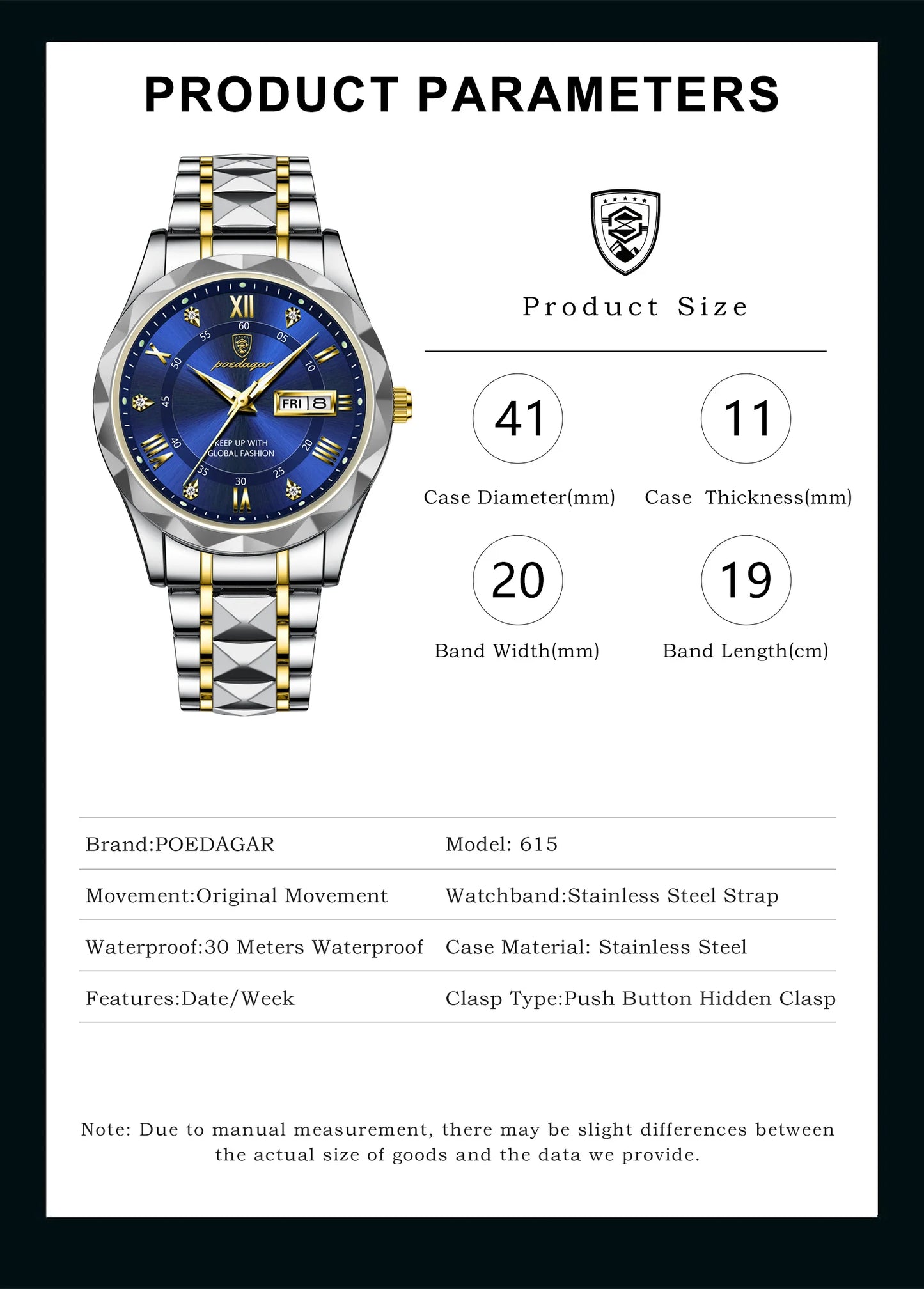 POEDAGAR Luxury Men’s Stainless Steel Watch – Waterproof, Luminous, Date & Week Display
