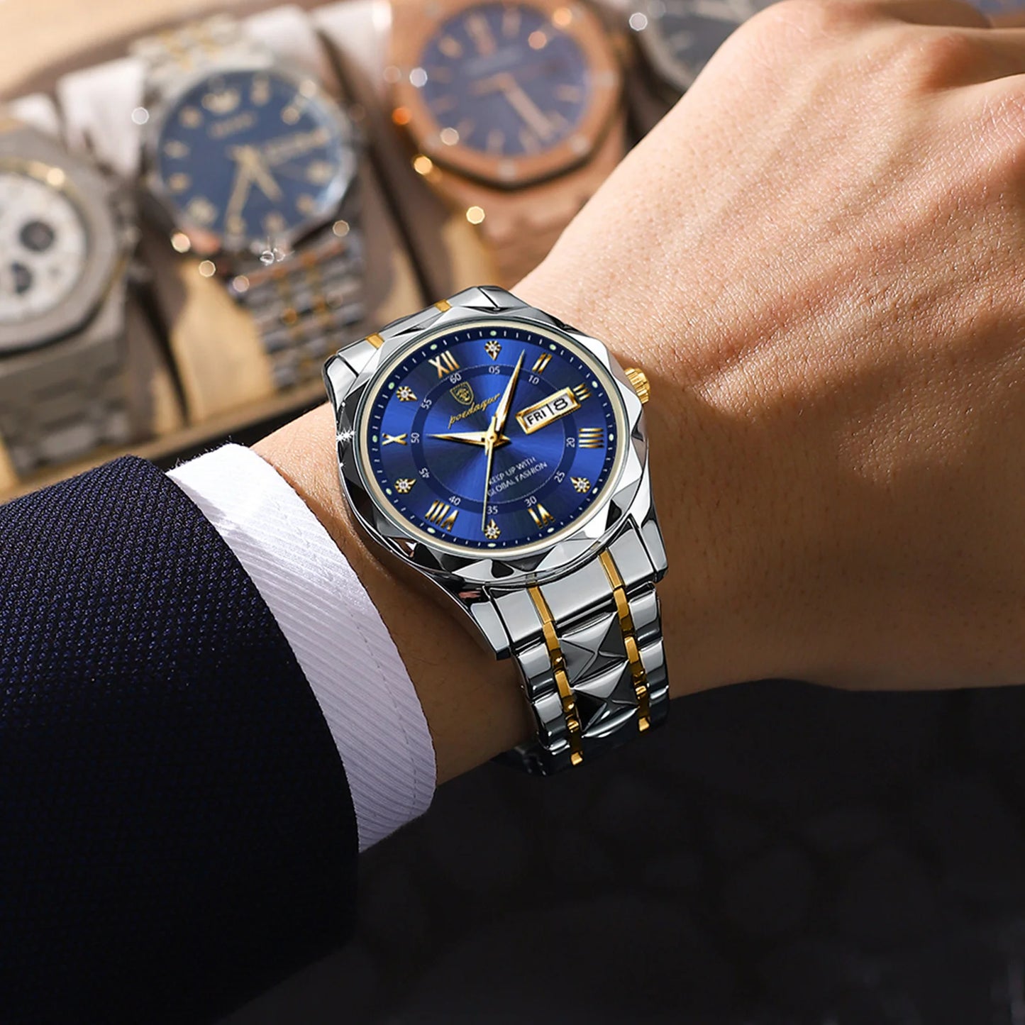 POEDAGAR Luxury Men’s Stainless Steel Watch – Waterproof, Luminous, Date & Week Display