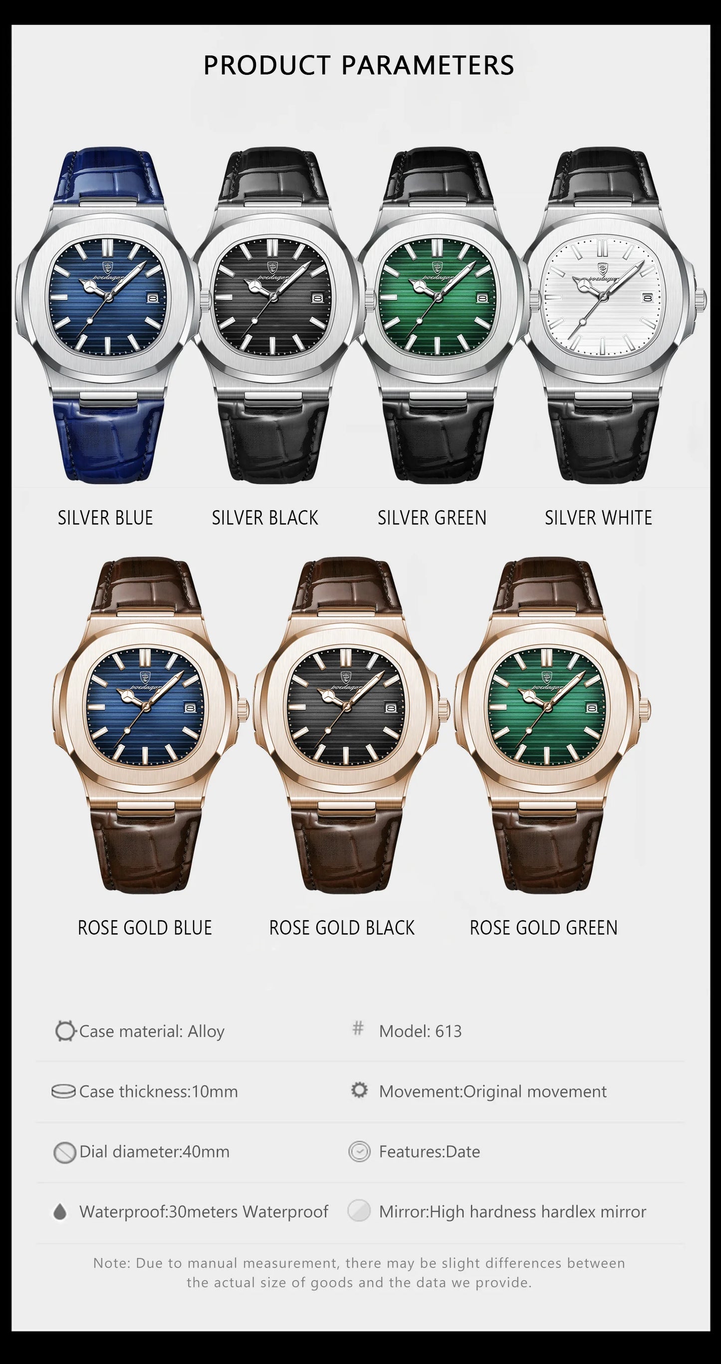 POEDAGAR Luxury Square Men’s Watch – Waterproof, Luminous, Leather Quartz Wristwatch with Date + Box