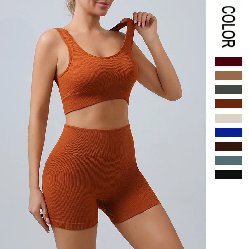 2pc Ribbed Seamless Yoga Set – Women's Crop Top, Leggings & Shorts Workout Outfit for Gym & Fitness