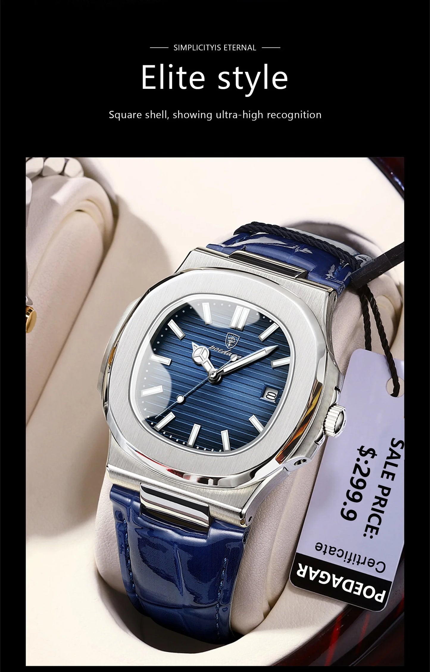 POEDAGAR Luxury Square Men’s Watch – Waterproof, Luminous, Leather Quartz Wristwatch with Date + Box