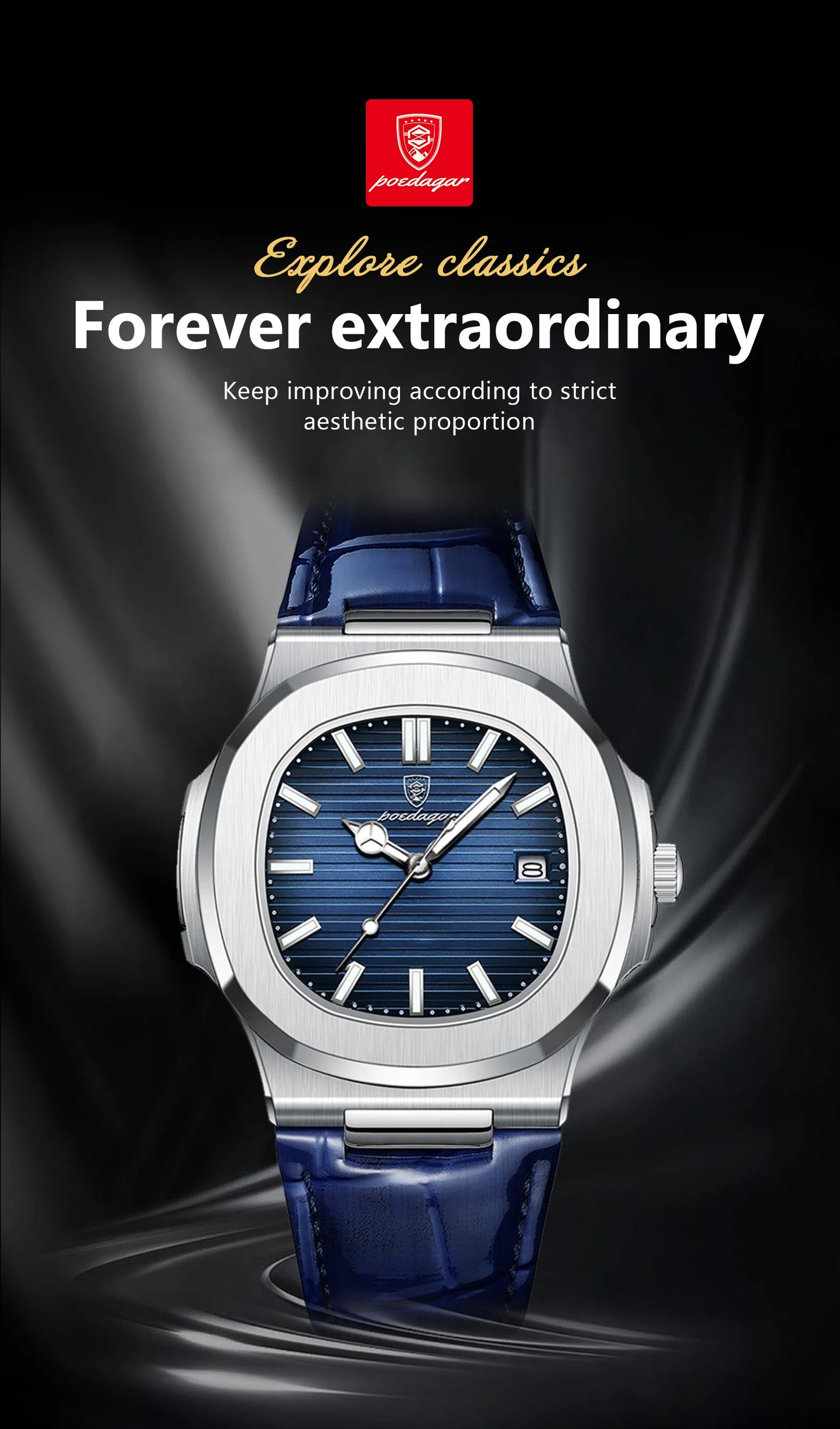 POEDAGAR Luxury Square Men’s Watch – Waterproof, Luminous, Leather Quartz Wristwatch with Date + Box