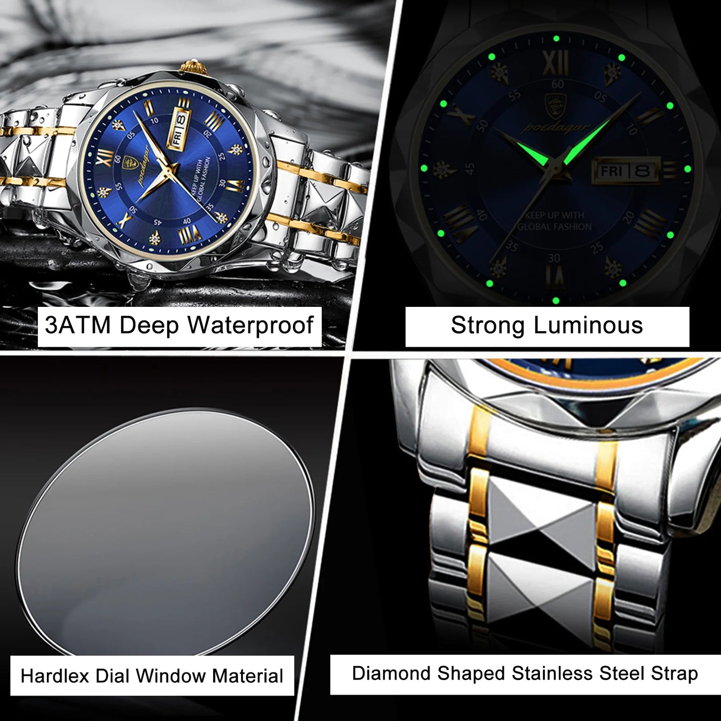 POEDAGAR Luxury Men’s Stainless Steel Watch – Waterproof, Luminous, Date & Week Display