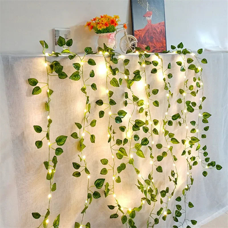 Artificial Flower & Green Leaf String Lights – Battery-Powered Fairy Vine Garland for Christmas, Weddings, and Home Decor