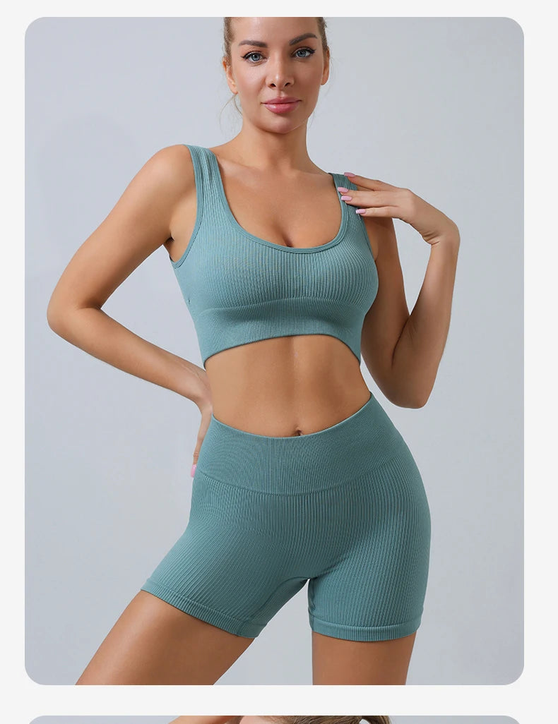 2pc Ribbed Seamless Yoga Set – Women's Crop Top, Leggings & Shorts Workout Outfit for Gym & Fitness