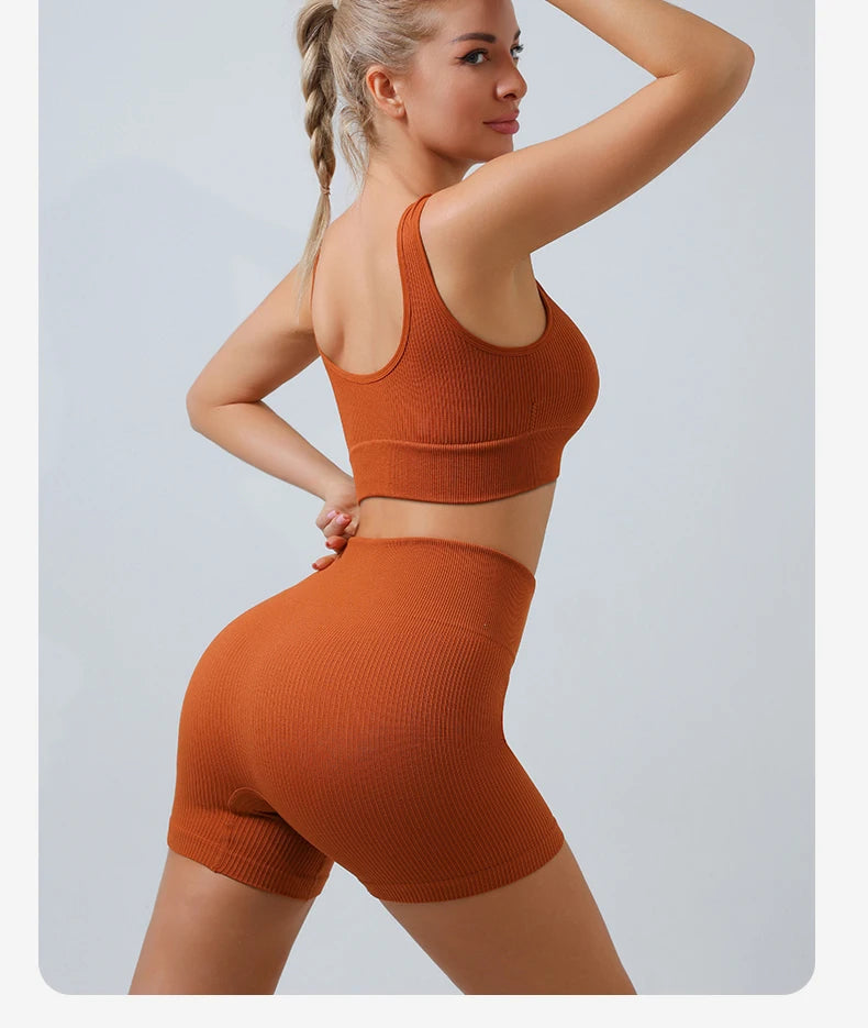 2pc Ribbed Seamless Yoga Set – Women's Crop Top, Leggings & Shorts Workout Outfit for Gym & Fitness