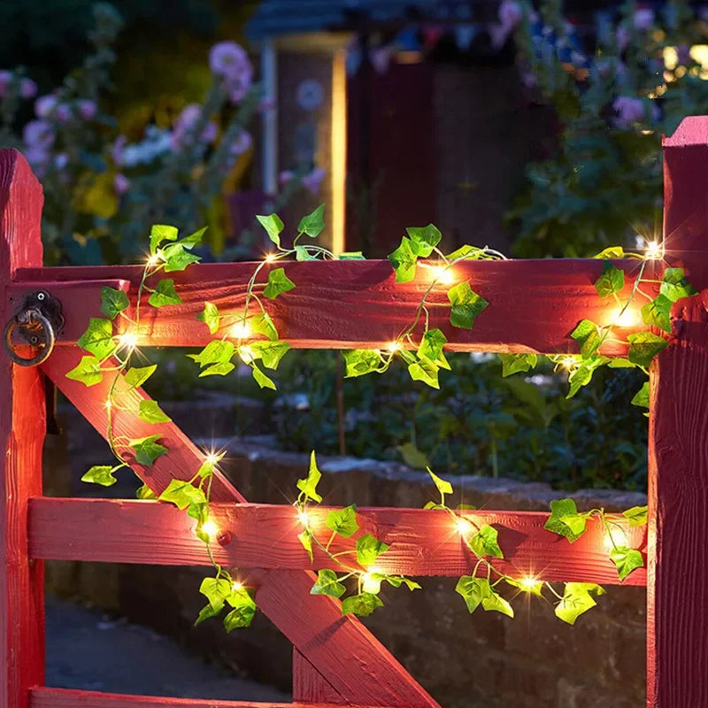 Artificial Flower & Green Leaf String Lights – Battery-Powered Fairy Vine Garland for Christmas, Weddings, and Home Decor