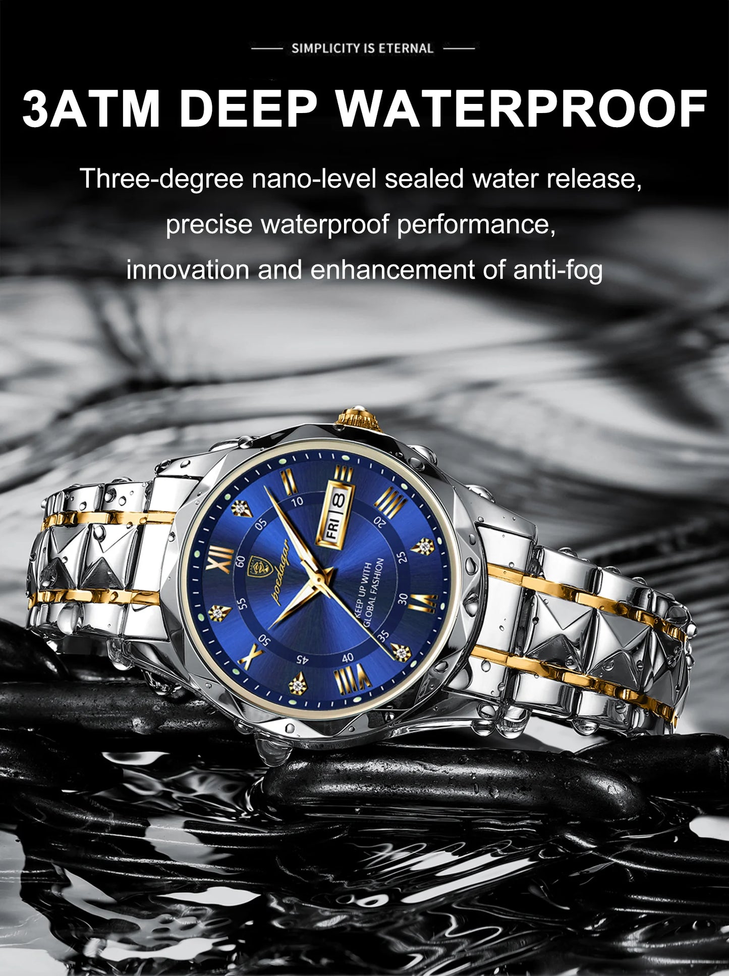 POEDAGAR Luxury Men’s Stainless Steel Watch – Waterproof, Luminous, Date & Week Display