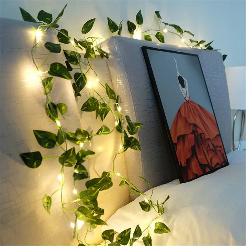 Artificial Flower & Green Leaf String Lights – Battery-Powered Fairy Vine Garland for Christmas, Weddings, and Home Decor