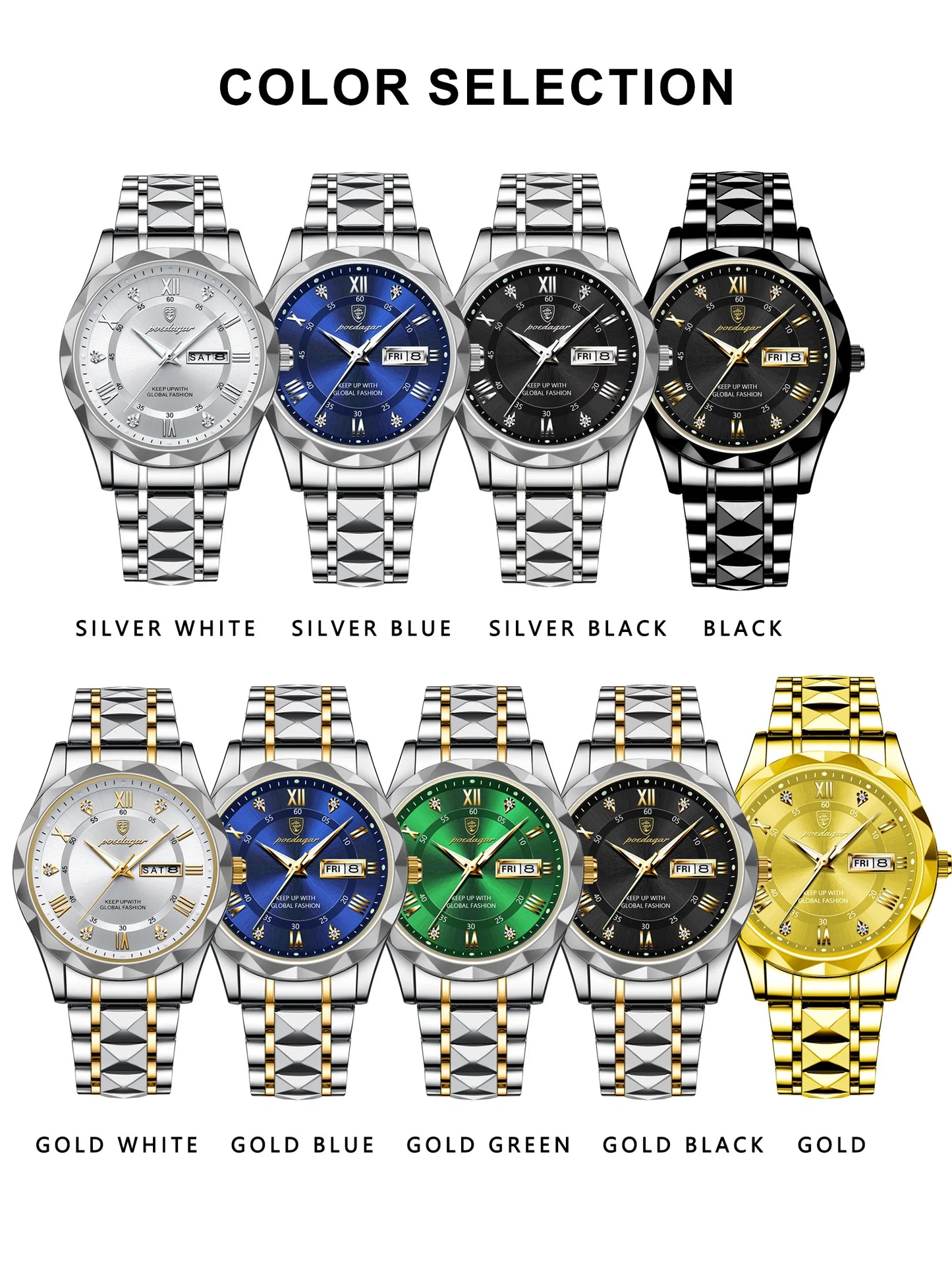 POEDAGAR Luxury Men’s Stainless Steel Watch – Waterproof, Luminous, Date & Week Display