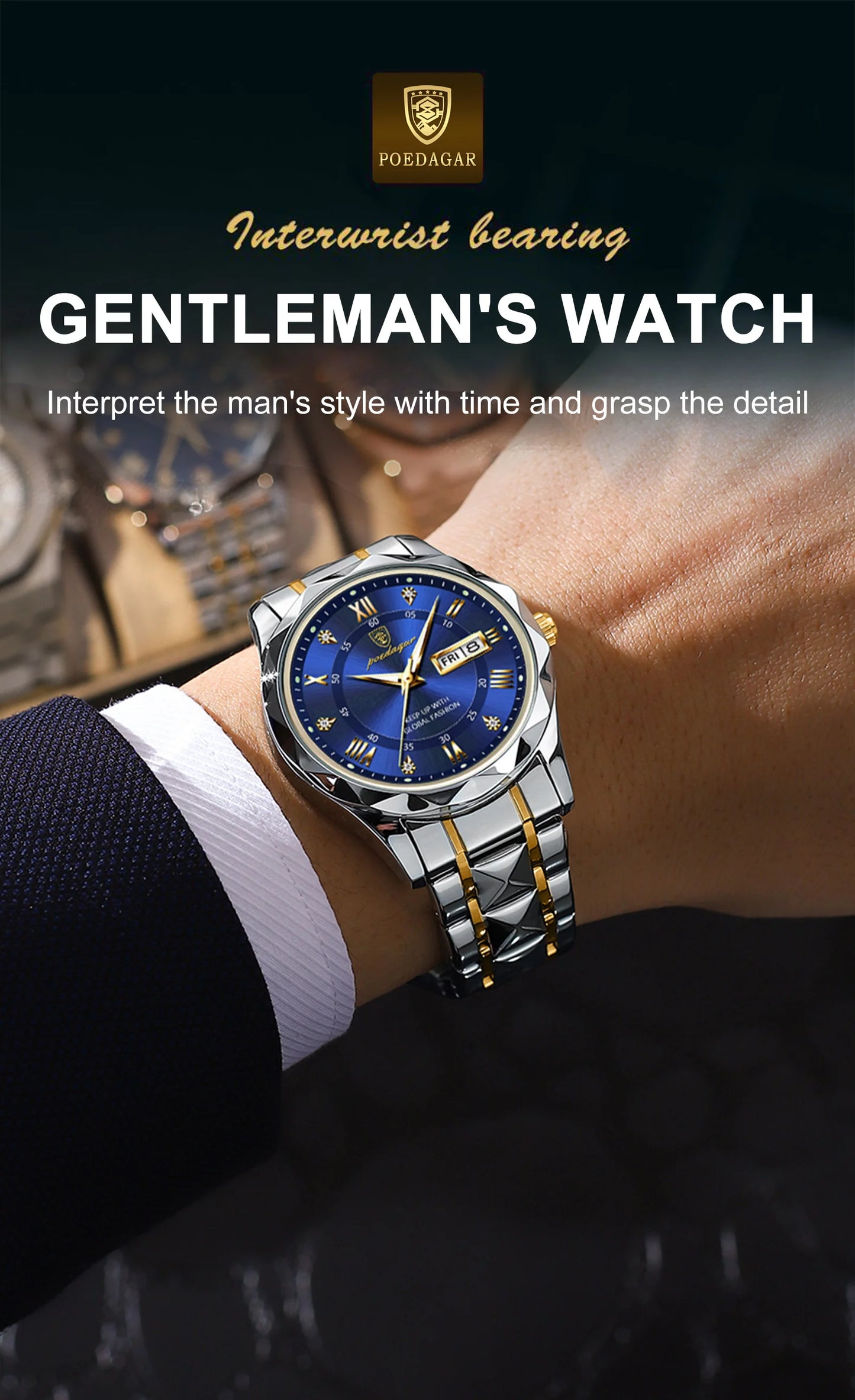 POEDAGAR Luxury Men’s Stainless Steel Watch – Waterproof, Luminous, Date & Week Display