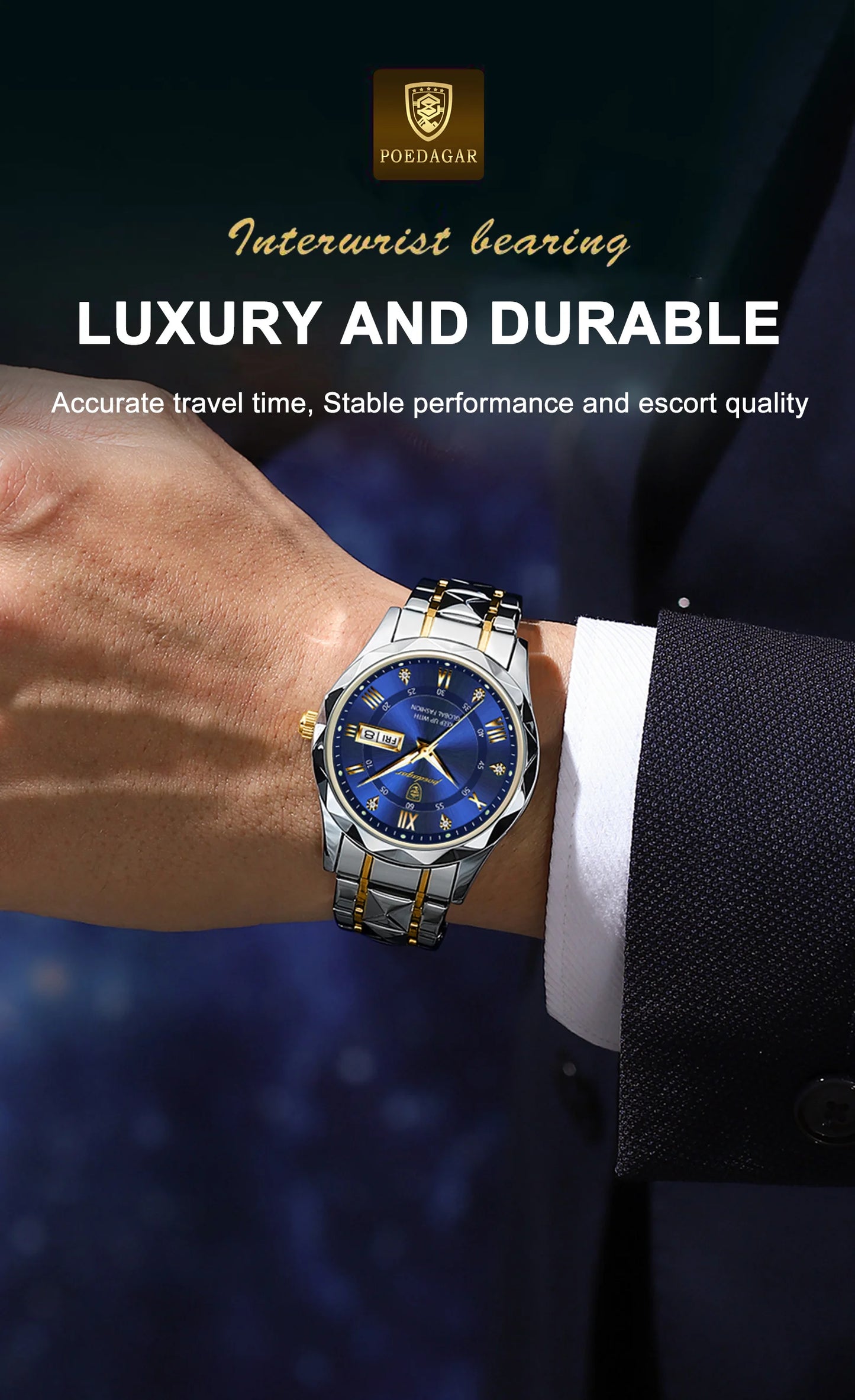 POEDAGAR Luxury Men’s Stainless Steel Watch – Waterproof, Luminous, Date & Week Display
