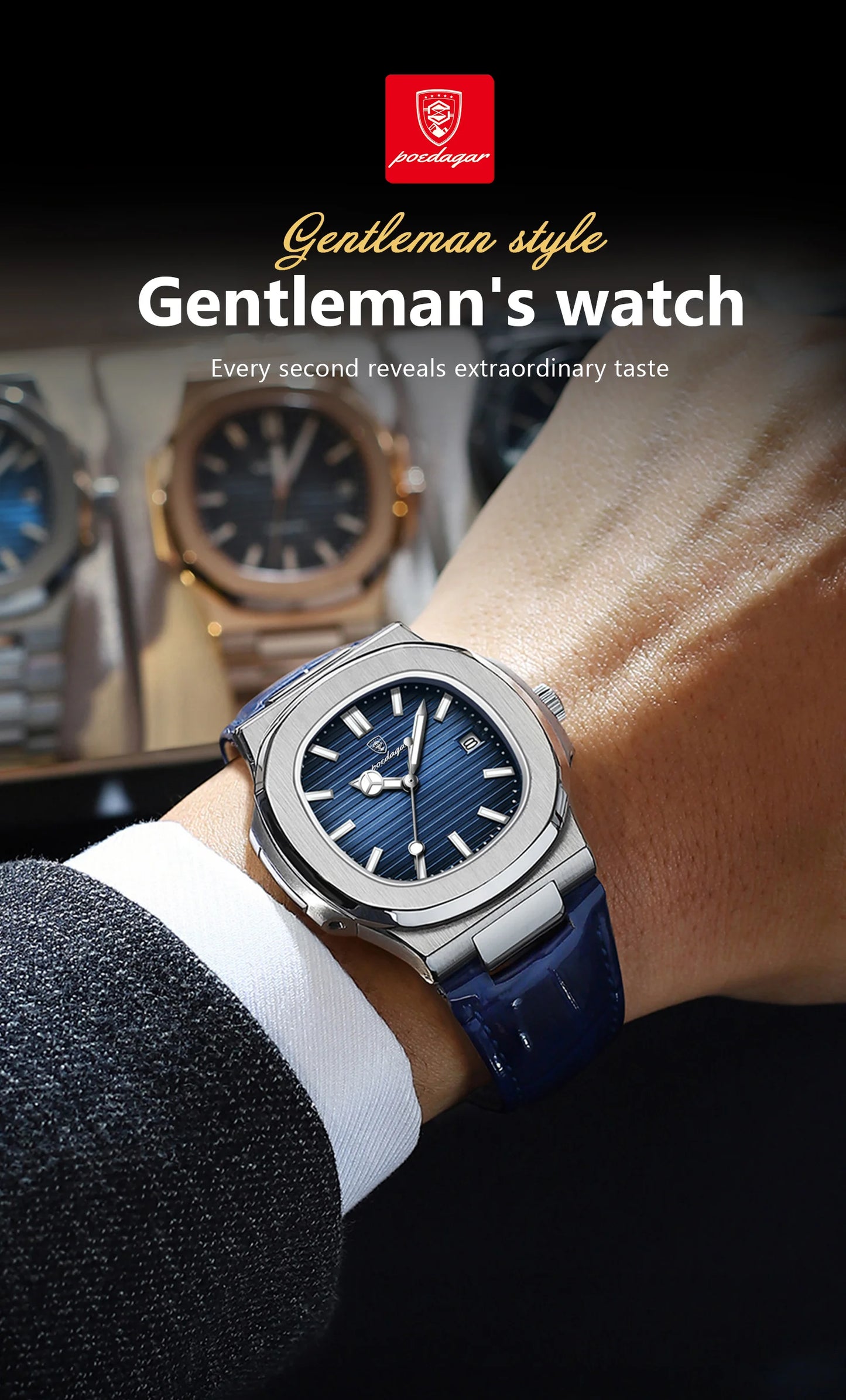 POEDAGAR Luxury Square Men’s Watch – Waterproof, Luminous, Leather Quartz Wristwatch with Date + Box