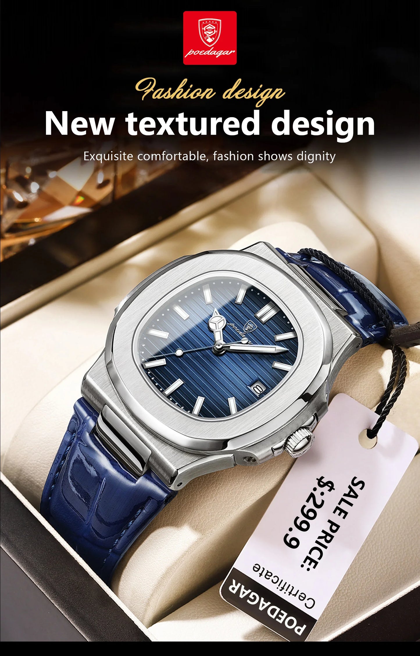 POEDAGAR Luxury Square Men’s Watch – Waterproof, Luminous, Leather Quartz Wristwatch with Date + Box