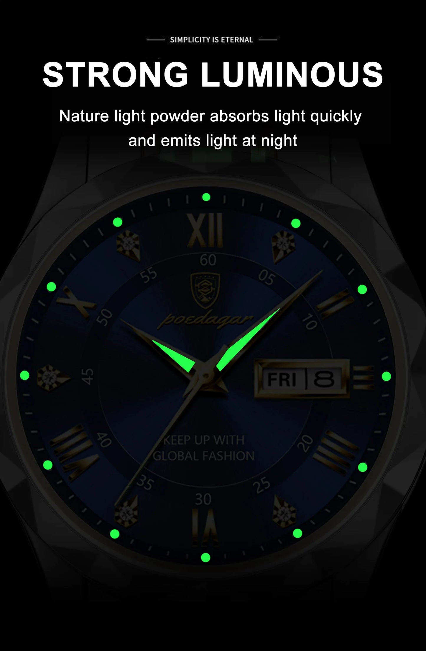 POEDAGAR Luxury Men’s Stainless Steel Watch – Waterproof, Luminous, Date & Week Display