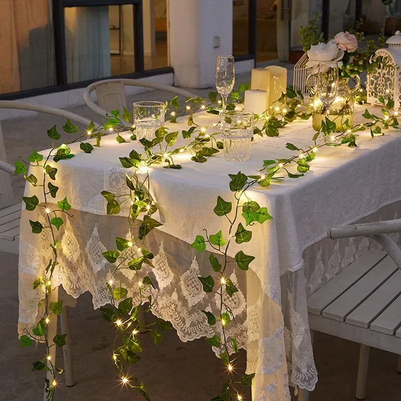 Artificial Flower & Green Leaf String Lights – Battery-Powered Fairy Vine Garland for Christmas, Weddings, and Home Decor