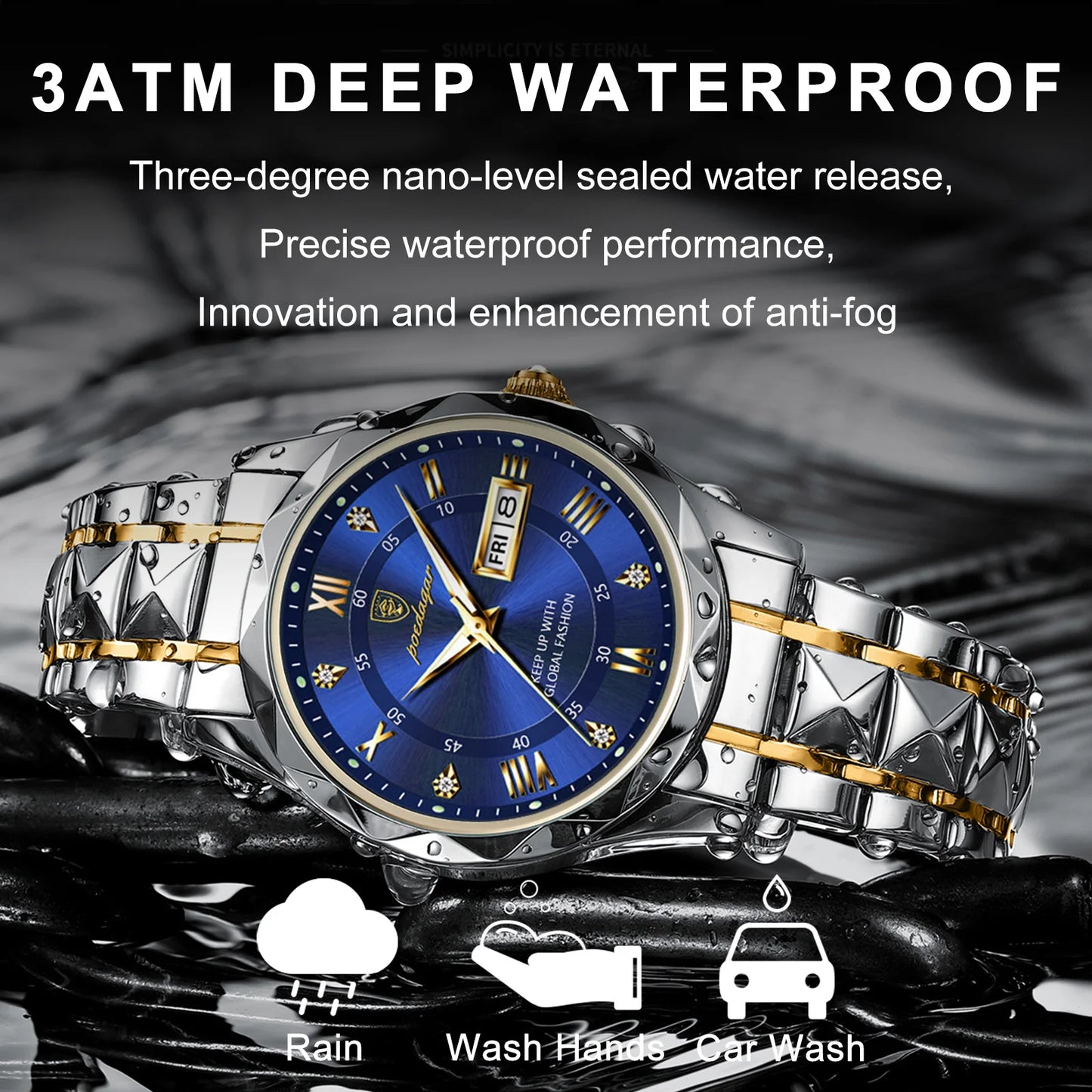 POEDAGAR Luxury Men’s Stainless Steel Watch – Waterproof, Luminous, Date & Week Display