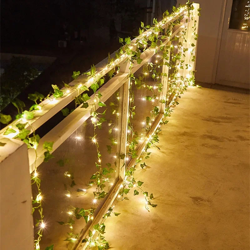 Artificial Flower & Green Leaf String Lights – Battery-Powered Fairy Vine Garland for Christmas, Weddings, and Home Decor