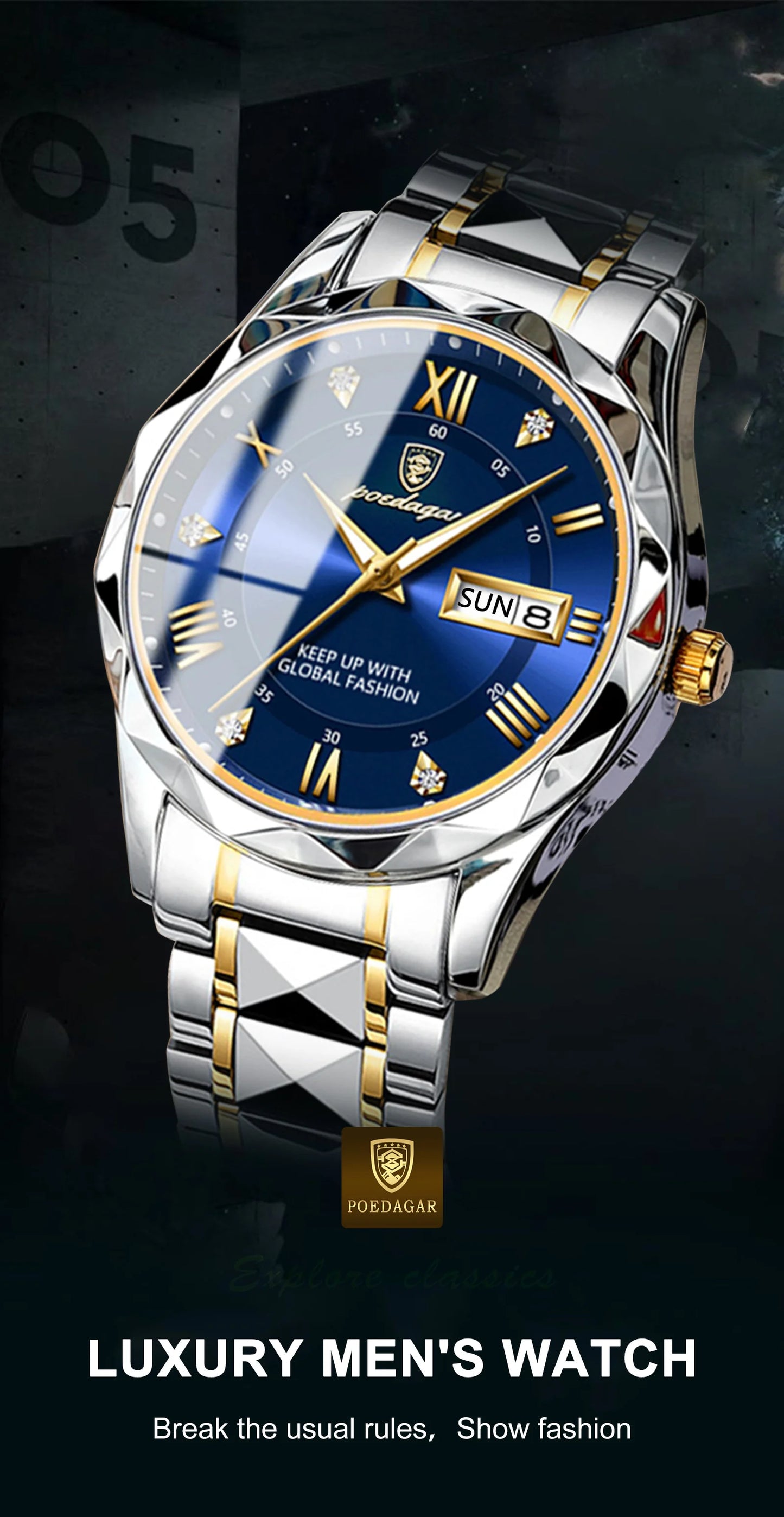 POEDAGAR Luxury Men’s Stainless Steel Watch – Waterproof, Luminous, Date & Week Display