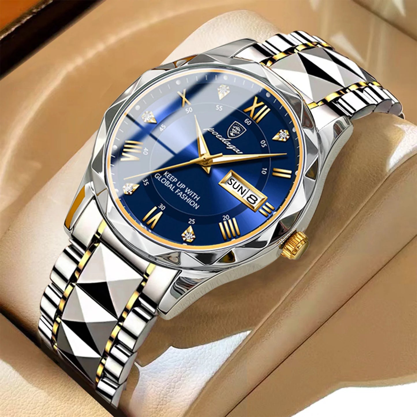 POEDAGAR Luxury Men’s Stainless Steel Watch – Waterproof, Luminous, Date & Week Display