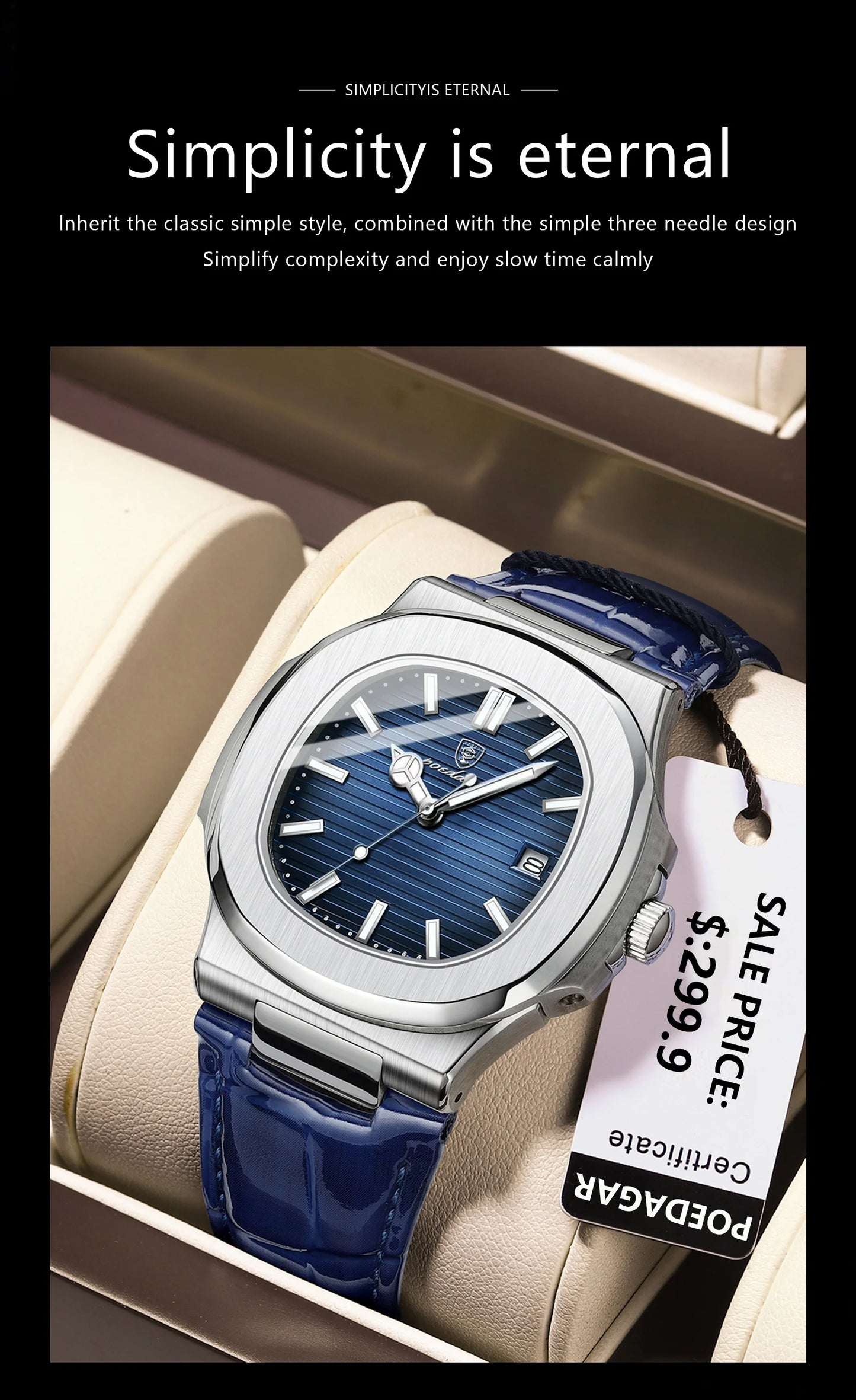 POEDAGAR Luxury Square Men’s Watch – Waterproof, Luminous, Leather Quartz Wristwatch with Date + Box