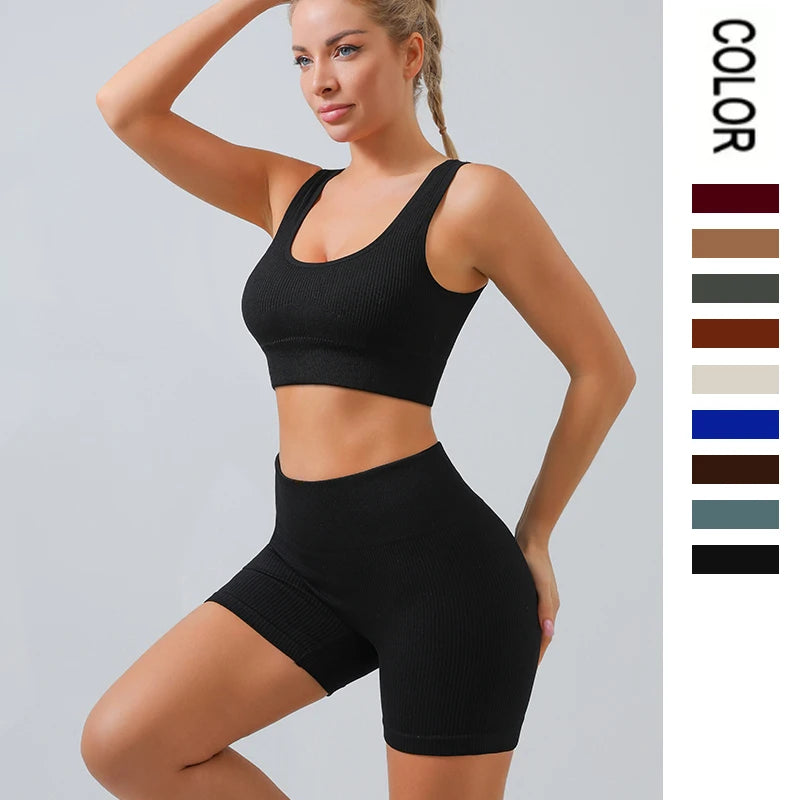 2pc Ribbed Seamless Yoga Set – Women's Crop Top, Leggings & Shorts Workout Outfit for Gym & Fitness