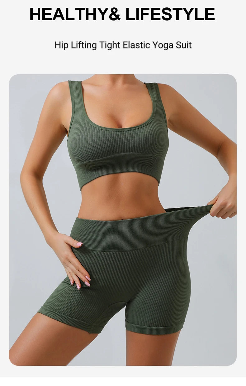 2pc Ribbed Seamless Yoga Set – Women's Crop Top, Leggings & Shorts Workout Outfit for Gym & Fitness