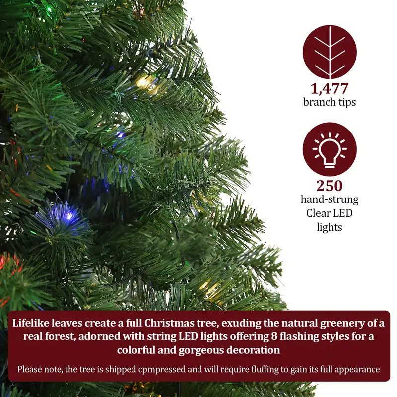 Premium Artificial Christmas Tree - 1477 Tips, 250 LED Lights, 8 Lighting Modes, Foldable Metal Stand