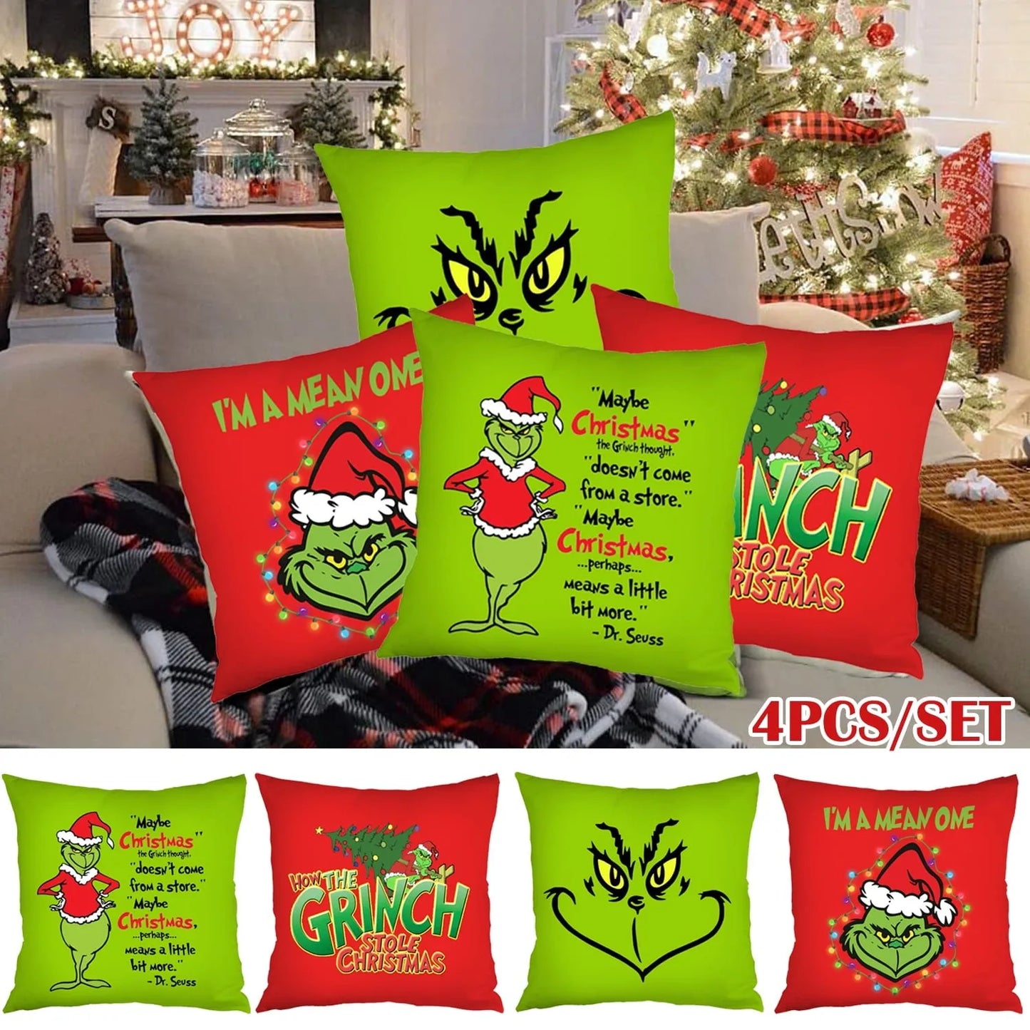 Set of 4 Christmas Pillow Covers 18x18 Inch – Festive Farmhouse Throw Pillowcases for Sofa & Couch Xmas Decor