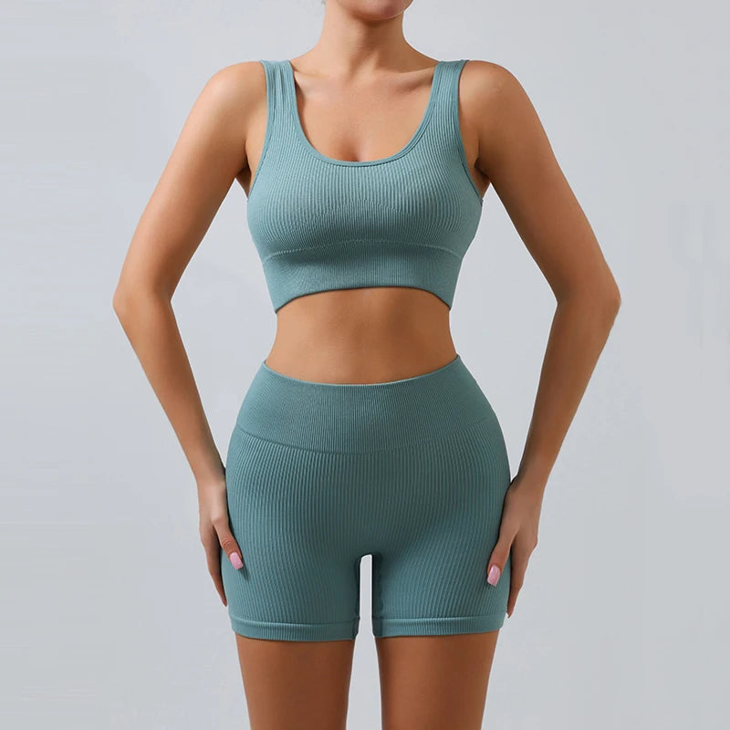2pc Ribbed Seamless Yoga Set – Women's Crop Top, Leggings & Shorts Workout Outfit for Gym & Fitness