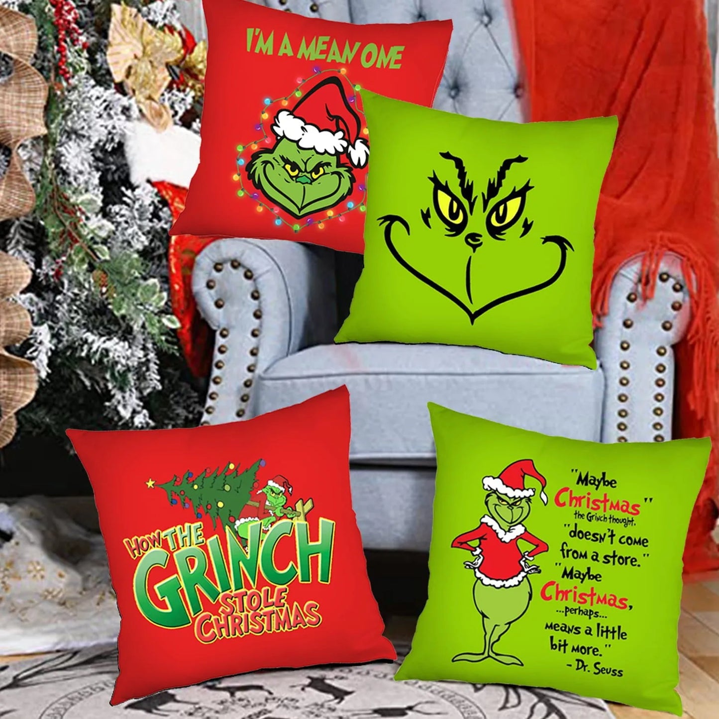 Set of 4 Christmas Pillow Covers 18x18 Inch – Festive Farmhouse Throw Pillowcases for Sofa & Couch Xmas Decor
