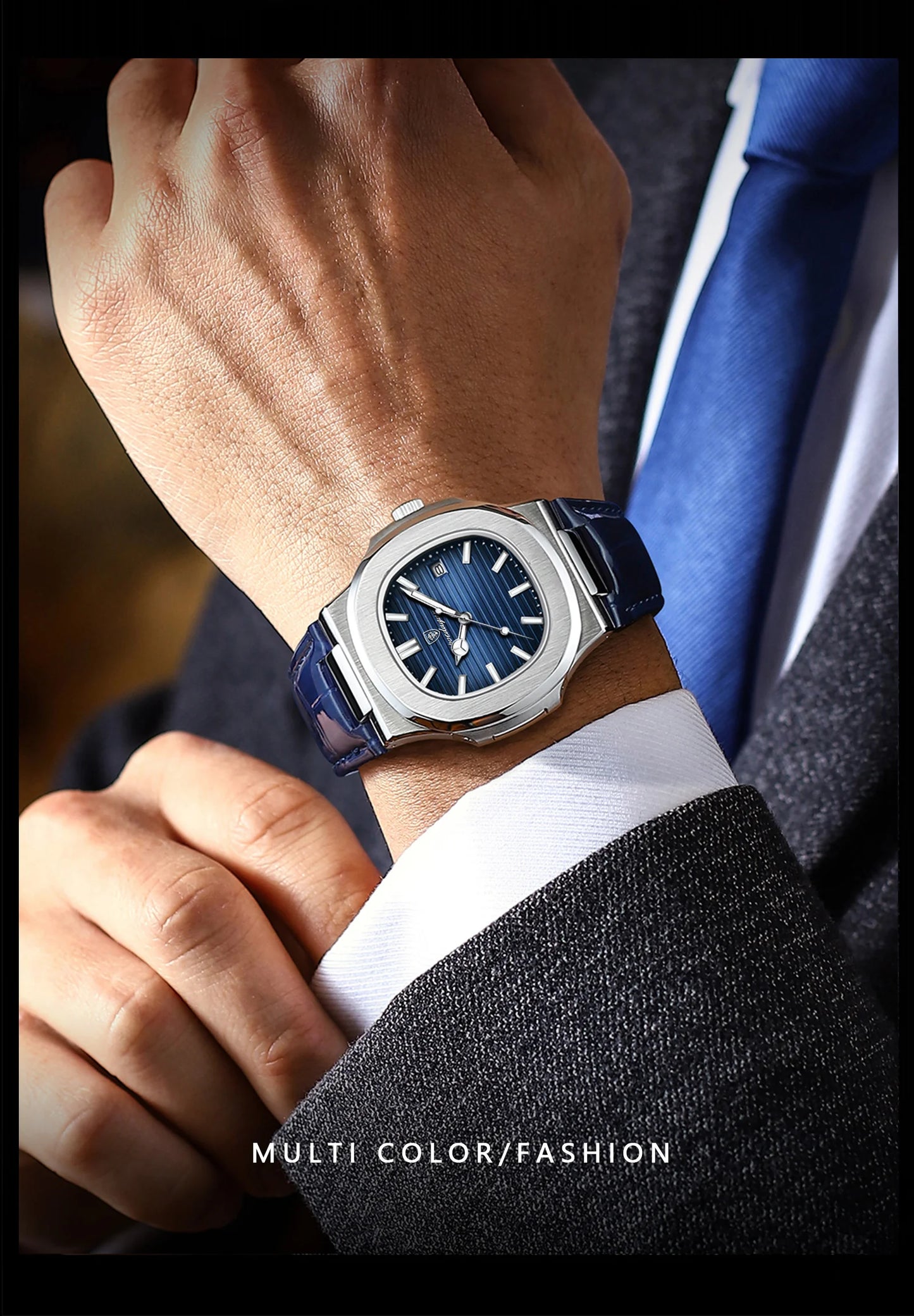 POEDAGAR Luxury Square Men’s Watch – Waterproof, Luminous, Leather Quartz Wristwatch with Date + Box