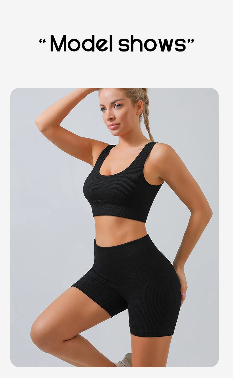 2pc Ribbed Seamless Yoga Set – Women's Crop Top, Leggings & Shorts Workout Outfit for Gym & Fitness