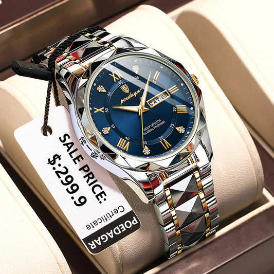 POEDAGAR Luxury Men’s Stainless Steel Watch – Waterproof, Luminous, Date & Week Display