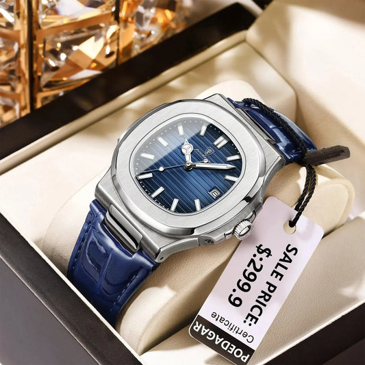 POEDAGAR Luxury Square Men’s Watch – Waterproof, Luminous, Leather Quartz Wristwatch with Date + Box