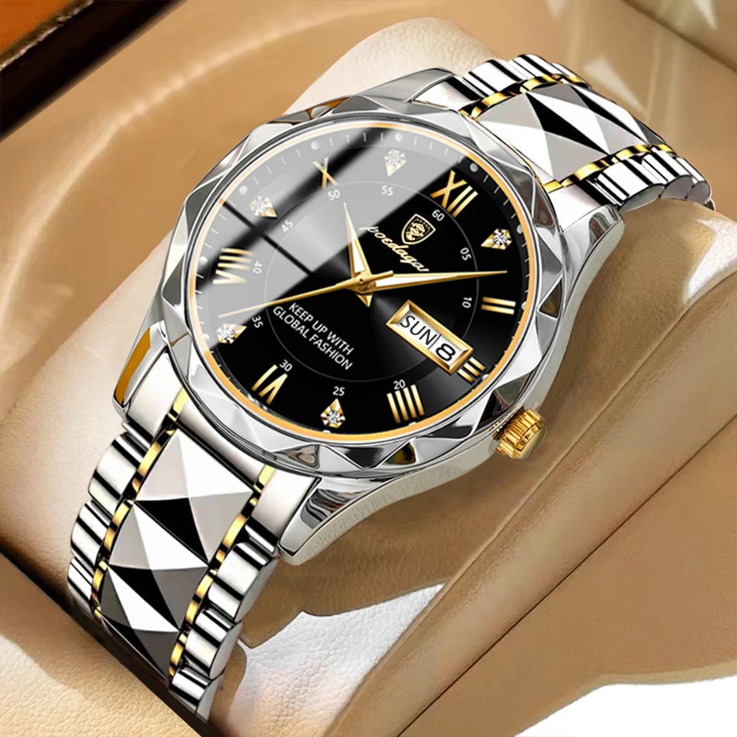 POEDAGAR Luxury Men’s Stainless Steel Watch – Waterproof, Luminous, Date & Week Display