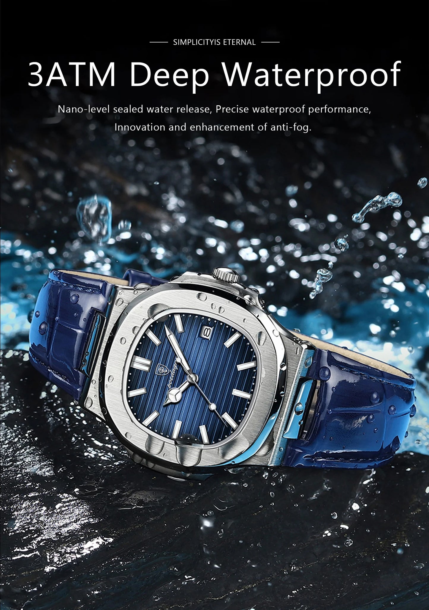 POEDAGAR Luxury Square Men’s Watch – Waterproof, Luminous, Leather Quartz Wristwatch with Date + Box