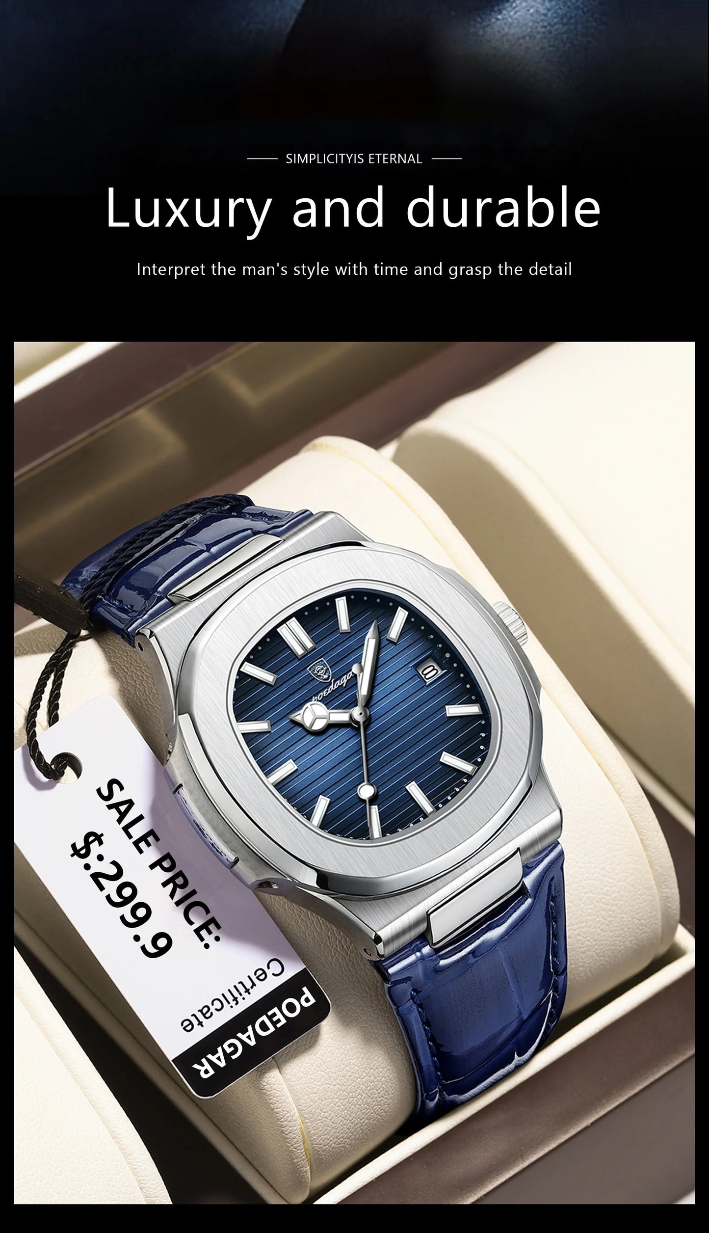 POEDAGAR Luxury Square Men’s Watch – Waterproof, Luminous, Leather Quartz Wristwatch with Date + Box